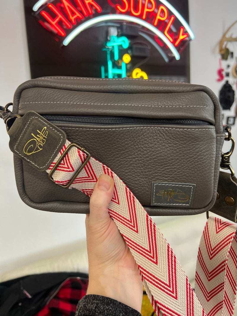 PIONEER-small bag-Strey Designs-gray w/white & red strap-Strey Designs
